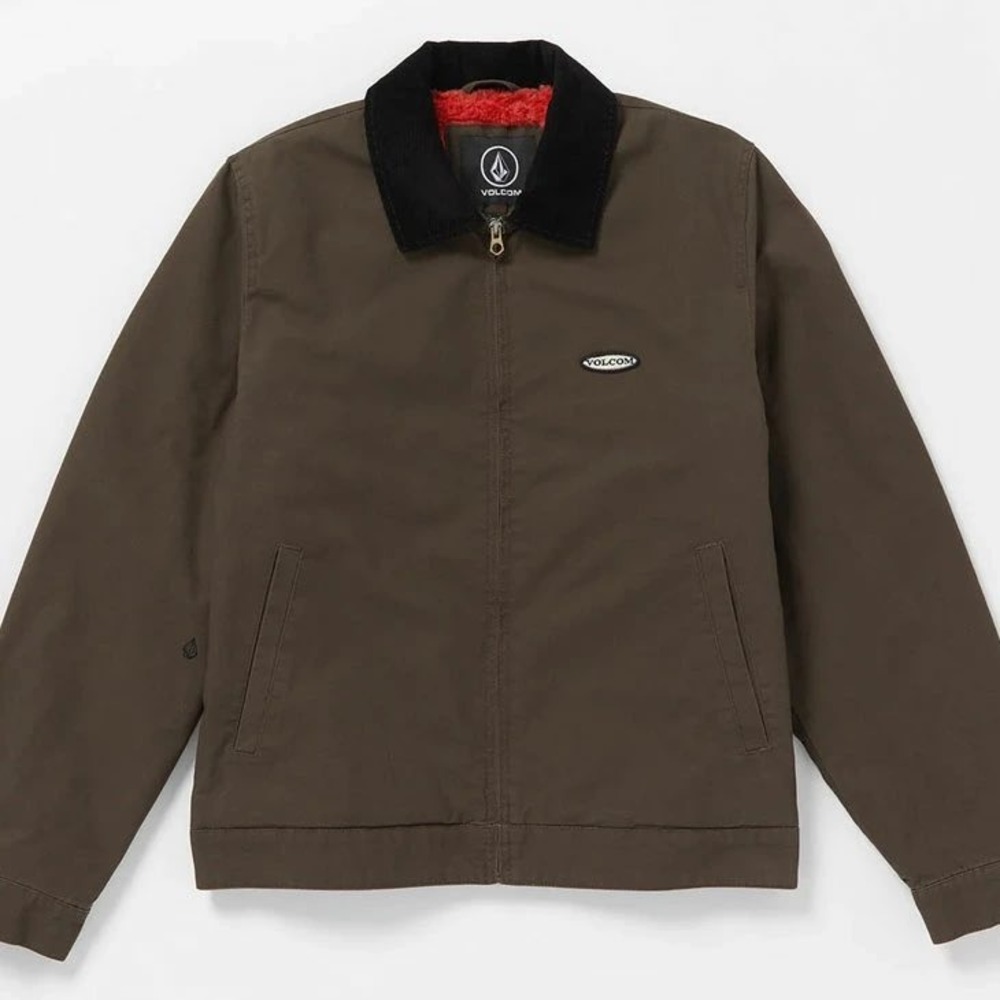 Volcom Mens Canvas Workwear Jacket Brown Red Faux Fur Fleece Lined - Large